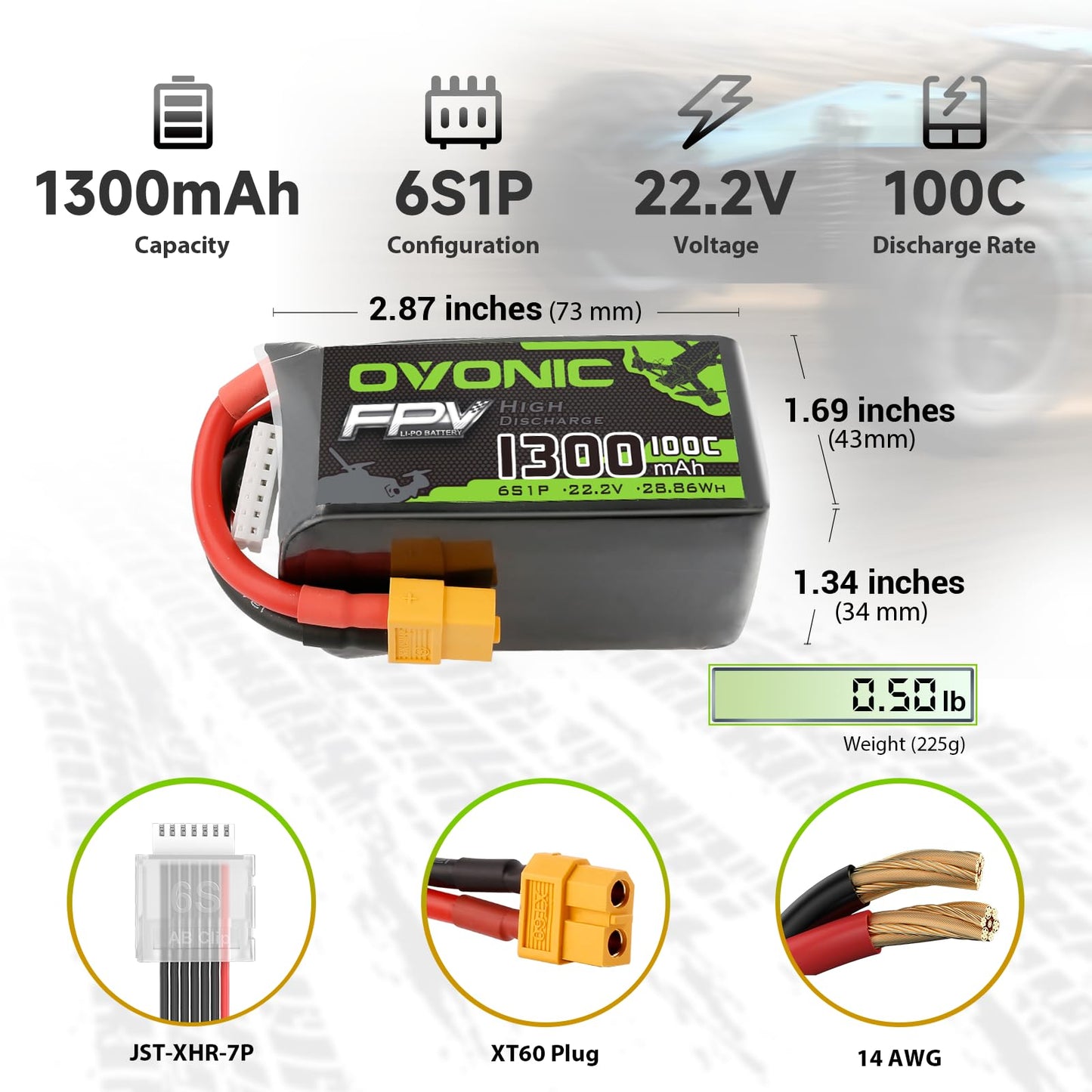OVONIC 6S Lipo Battery 100C 1300mAh 22.2V Lipo Battery with XT60 Connector for RC FPV Racing Drone Quadcopter