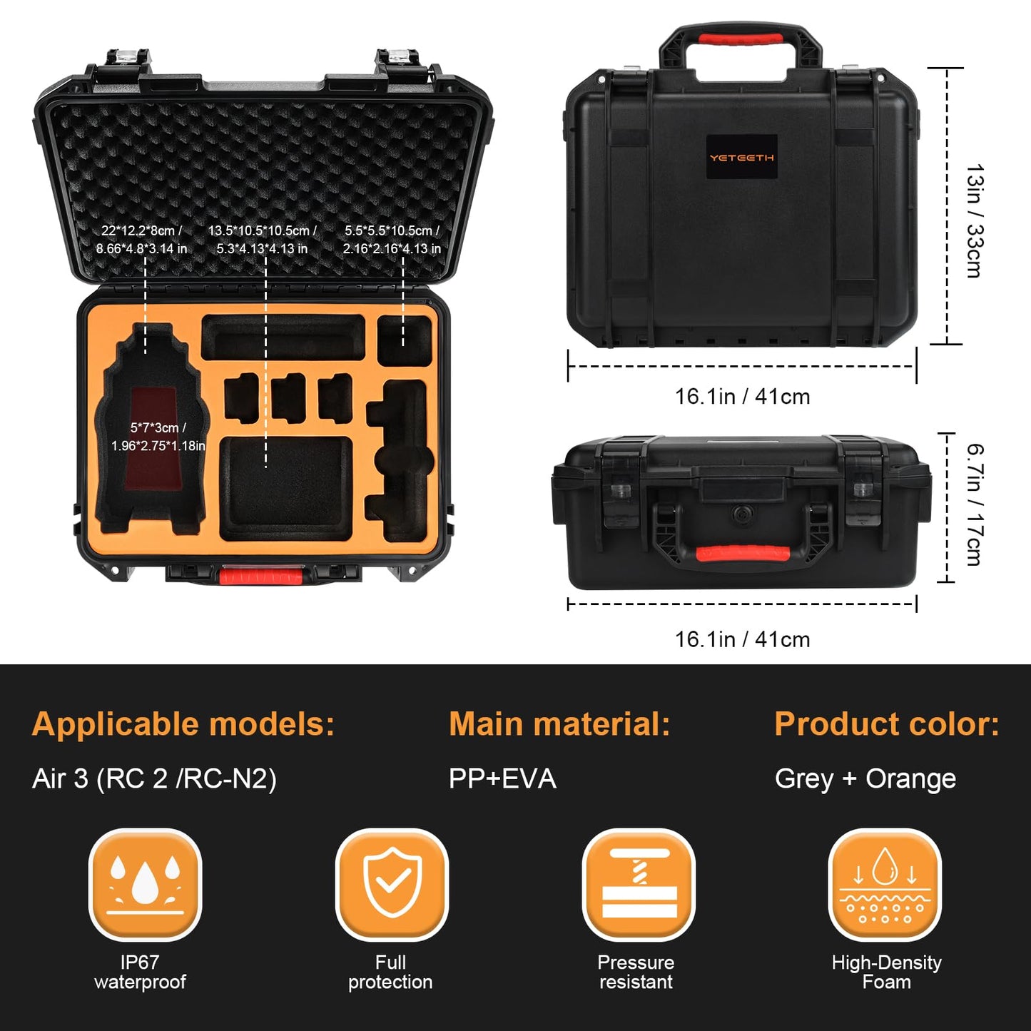 YETEETH Hard Case for DJI Air 3 - Waterproof, Pressure Resistant, Fits DJI RC 2/RC-N2, Black, Model I001