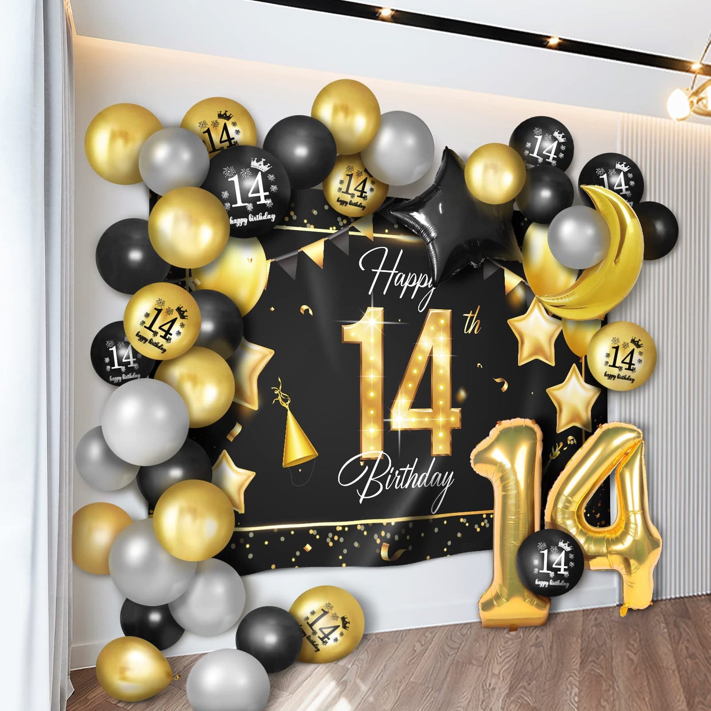 Happy 14Th Birthday Balloons Gold Set Decor - Cheers To 14 Years Old Party Theme Garland Star Moon Banner Backdrop Decorations F