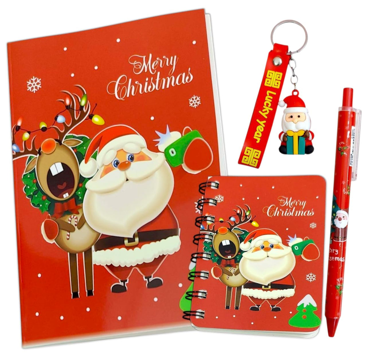 AMANVANI Christmas Theme 4 In 1 Gift Combo, Stationery Gift Set With Min Diary, Pen, Keychain ( 2 Set ) Festive Return Gift For