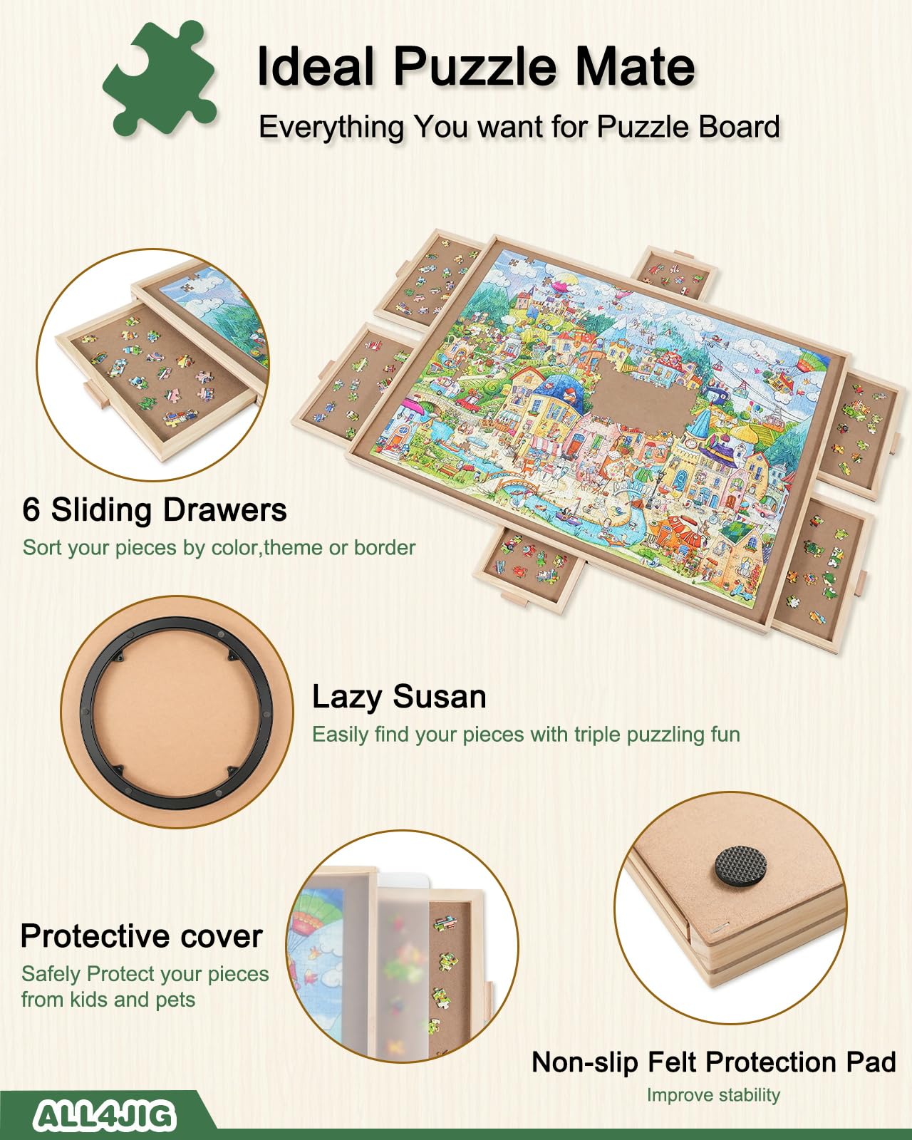 All4Jig 1000 Pieces Rotating Puzzle Board With 6 Drawers And Cover,22''X30''Portable Wooden Jigsaw Puzzle Table For Adults,Lazy