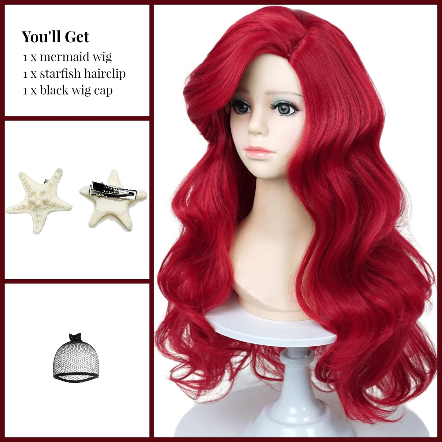 Mermaid Wigs For Kids Girls Long Dark Red Curly Kids Mermaid Wig With Starfish Hair Clips Wave Heat Synthetic Fiber Hair For Chi