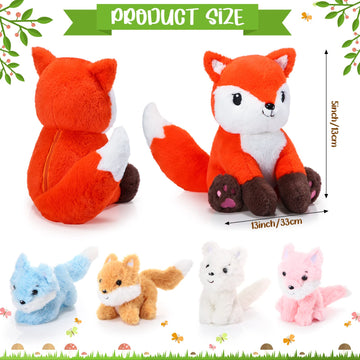 HyDren Fox Plush Toy Set - 5 Pcs 14 Inch Orange Plush Stuffed Animals - Mommy Fox with 4 Cute Baby Foxes - Perfect for Baby Showers & Birthdays