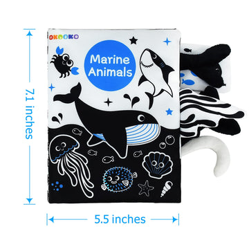 Okooko Soft Baby Book - Black And White High Contrast Marine Animals Tails Book, Montessori Sensory Stroller Toy, Non-Toxic Crinkle Washable Early Education For Baby Infant Toddler