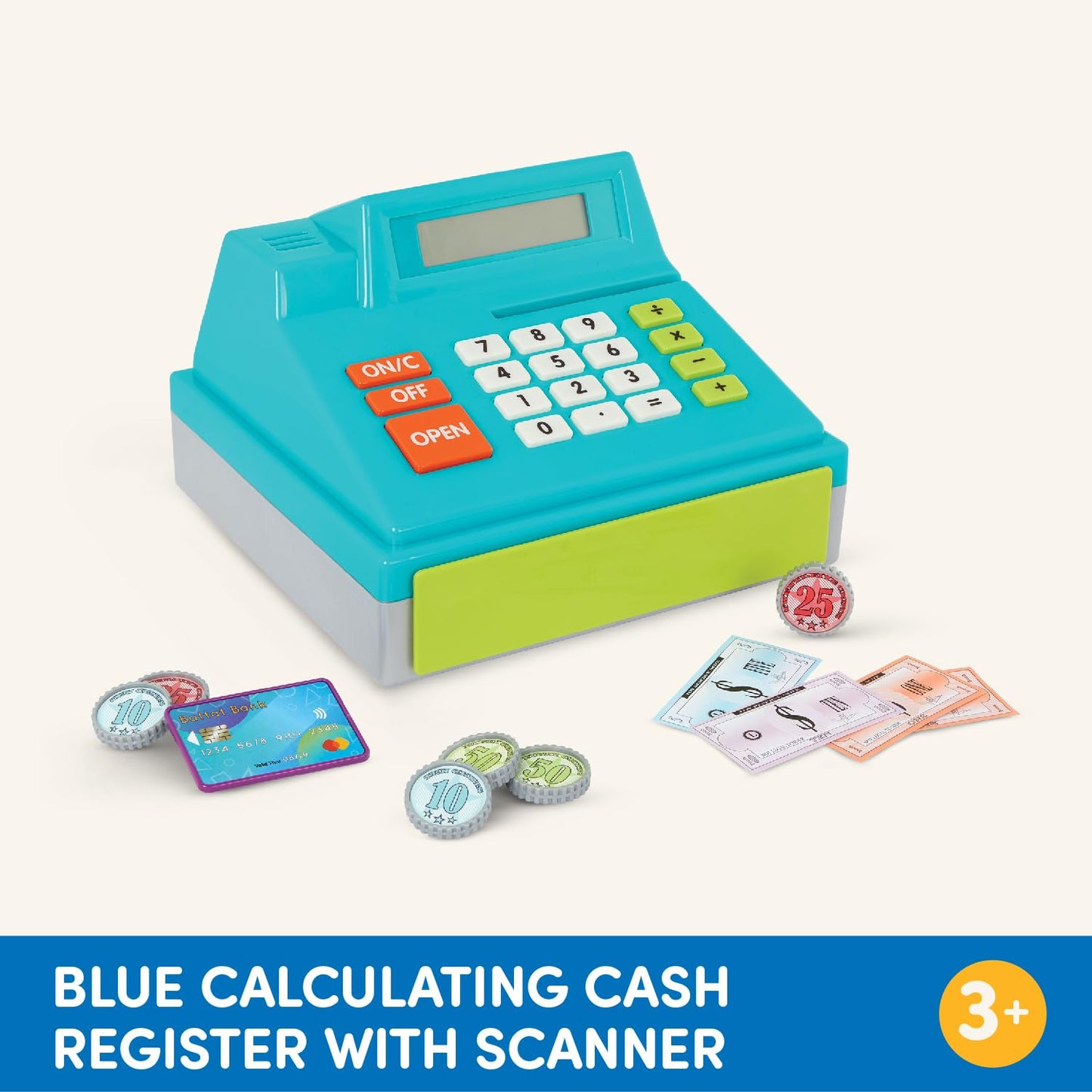 Battat - Toy Cash Register For Kids, Toddlers - 48Pc Play Register With Toy Money, Credit Card - Blue Calculating Cash Register