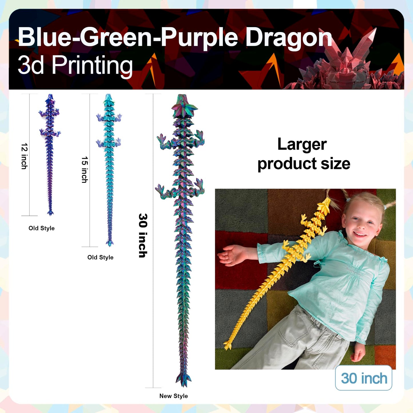 Meet Gladness 30 In 3D Printed Dragon, 30Inch Dragon,3D Dragon Toy,Large Dragon Present,Ariculated Crystal Dragon(Blue Green Pur