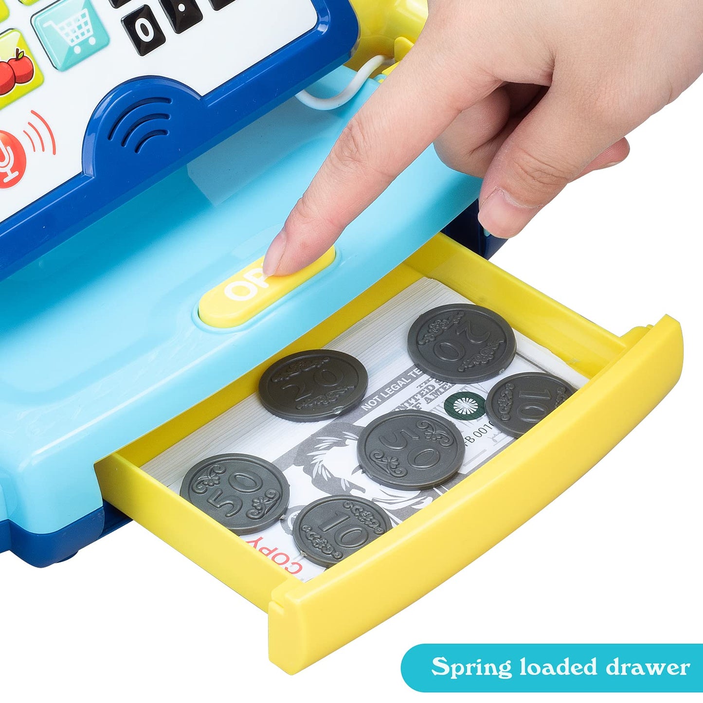 SUPERHIGH Cash Register for Kids - Blue & Yellow Toy with Scanner, Cuttable Food, Microphone - Perfect Gift for Toddlers 3-8 Years