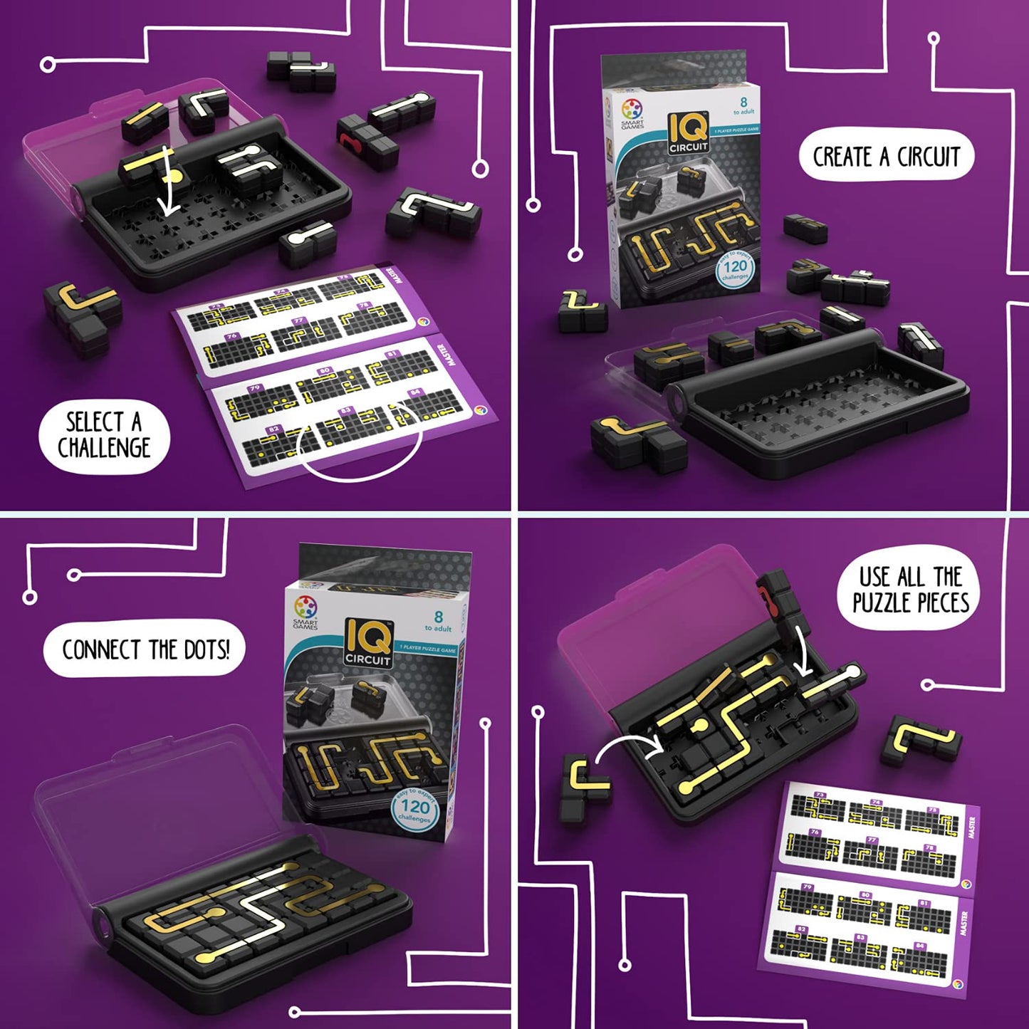 SmartGames IQ Circuit Portable Travel Game - 120 Challenges, Plastic, Black/Gold/Transparent, Ages 8-Adult