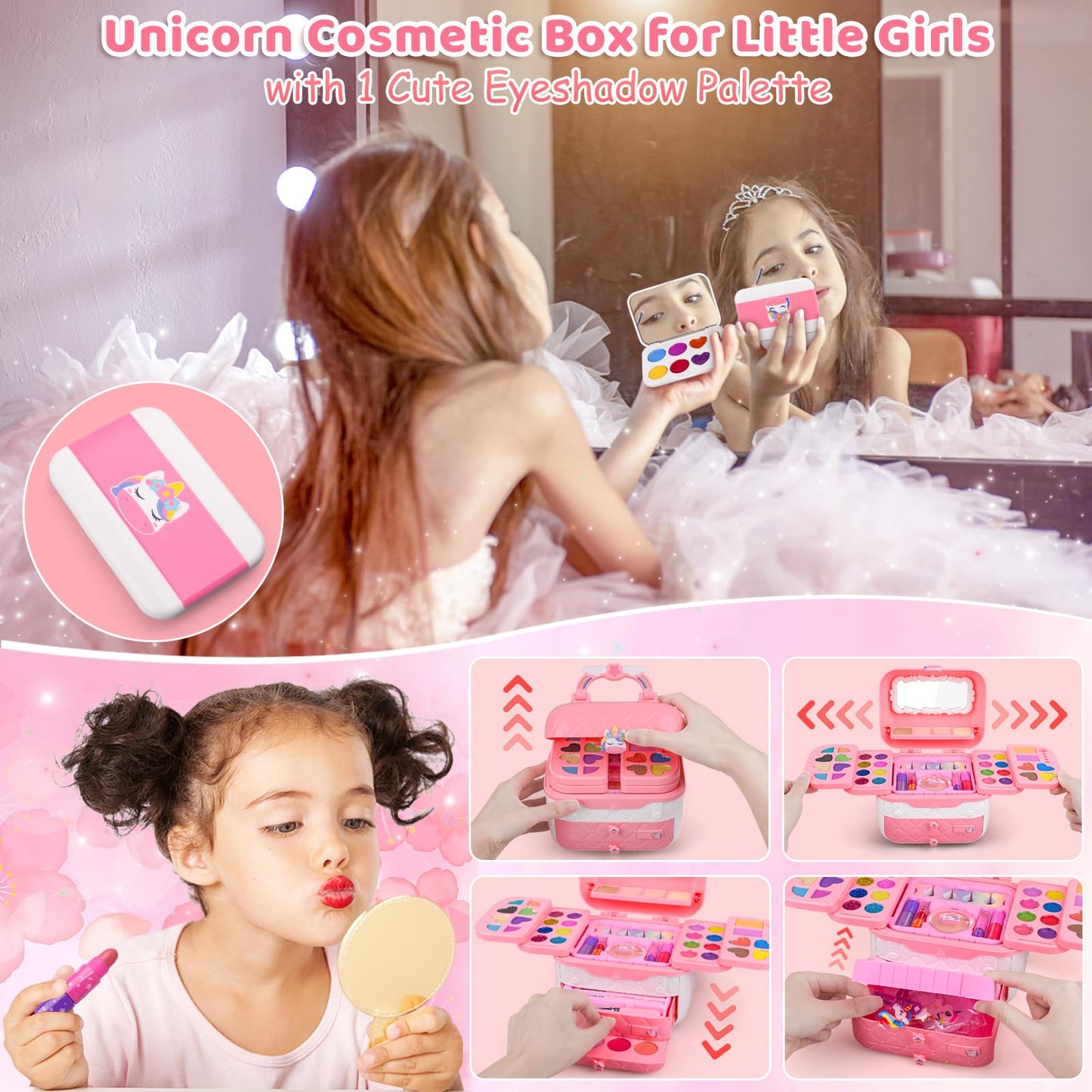 Auney 80 PCS Kids Makeup Kit for Girls 5 6 7 8 Years Old, Unicorn Girls Toy for Little Girls Birthday, Princess Dolls Dress Up T