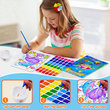 Junqiu Water Color Paint Sets For Kids, Watercolor Painting Coloring Books For Toddlers, Paint With Water Books For Kids Ages 4-8, Art Craft Kits For Girls Boys Drawing With Brush