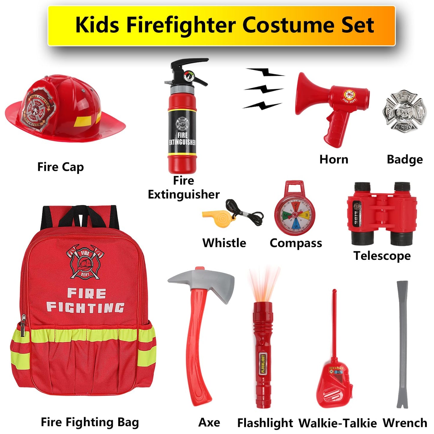 Firefighter Costume Kids 15 Pcs Fireman Dress-Up Toy Set Toddler Halloween Costumes Boys Girls Fire Fighter Hat With Gear Bag Ac
