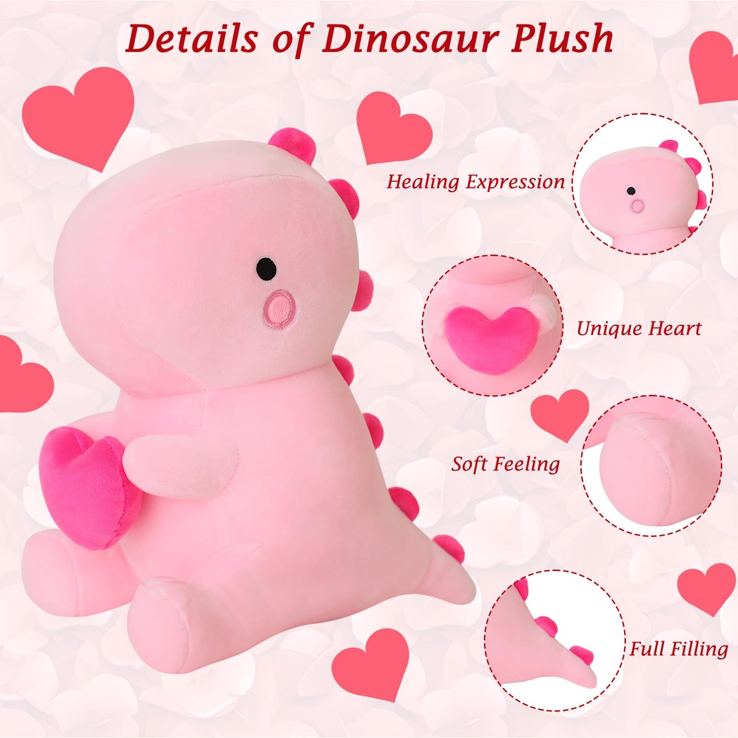 Sqeqe Dinosaur Stuffed Animal, Loving Soft Dino Plush Toys With Holding Heart, Sweet Romantic Anniversary Birthday Gift For Her Girls Boys Girlfriend(Pink,20 Inch)