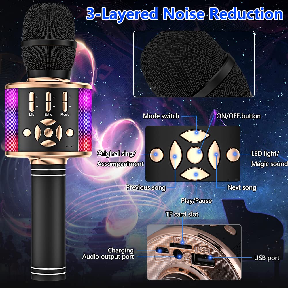 Amazmic Kids Karaoke Microphone Machine Toy Bluetooth Microphone Portable Wireless Karaoke Machine Handheld With Led Lights, Gift For Children Adults Birthday Party, Home Ktv(Black Gold)