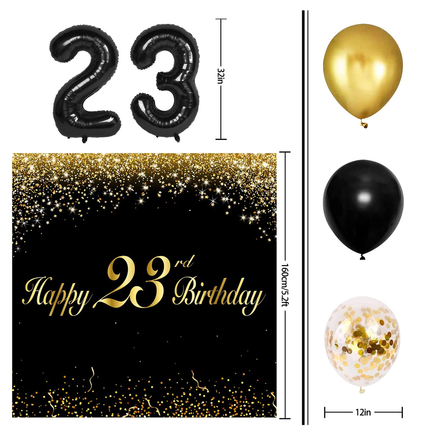 Happy 23Rd Birthday Balloons Black Set Decor - Cheers To 23 Years Old Party Theme Garland Banner Backdrop Decorations For Women