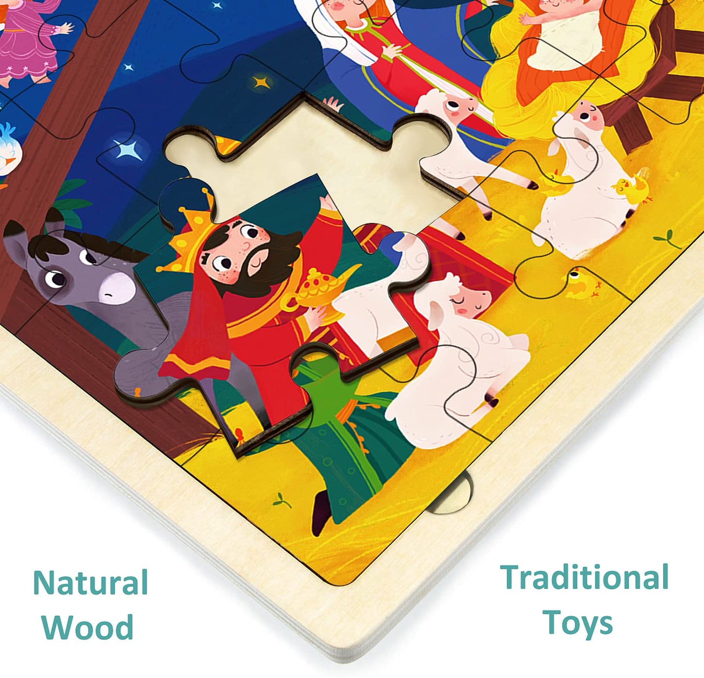 Moinkidz Nativity Scene Kids 24 Piece Puzzle For 3 Year Old, Unique Shape Jigsaw Pieces Christmas Wooden Jigsaw Puzzles For Toddlers Ages 3-5, Preschooler Puzzle With Tray