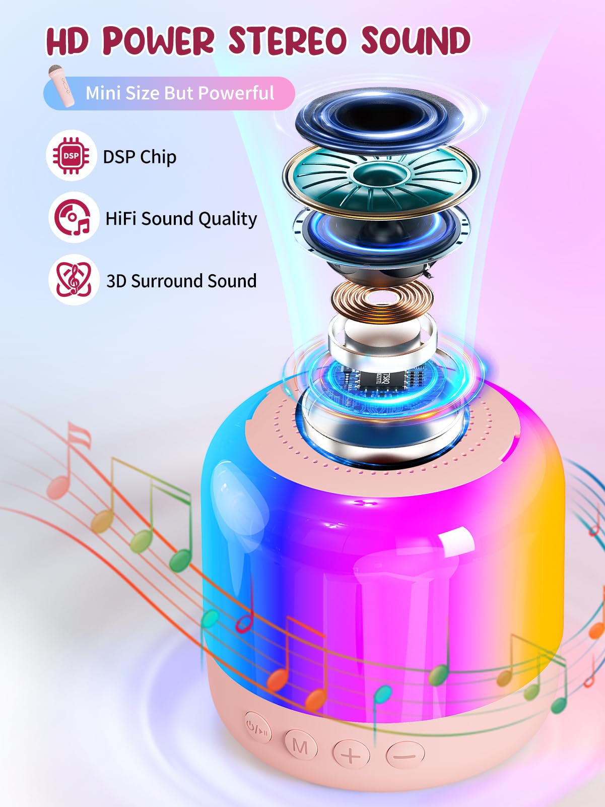 Iyoyo Mini Karaoke Machine For Kids Portable Bluetooth 5.3 Speaker With 2 Wireless Kareokee Microphones, 360° Colorful Led Light Karaoke Toy Gifts For Girls Boys Ages 4-12 Birthday(Peach Pink-2 Mic)