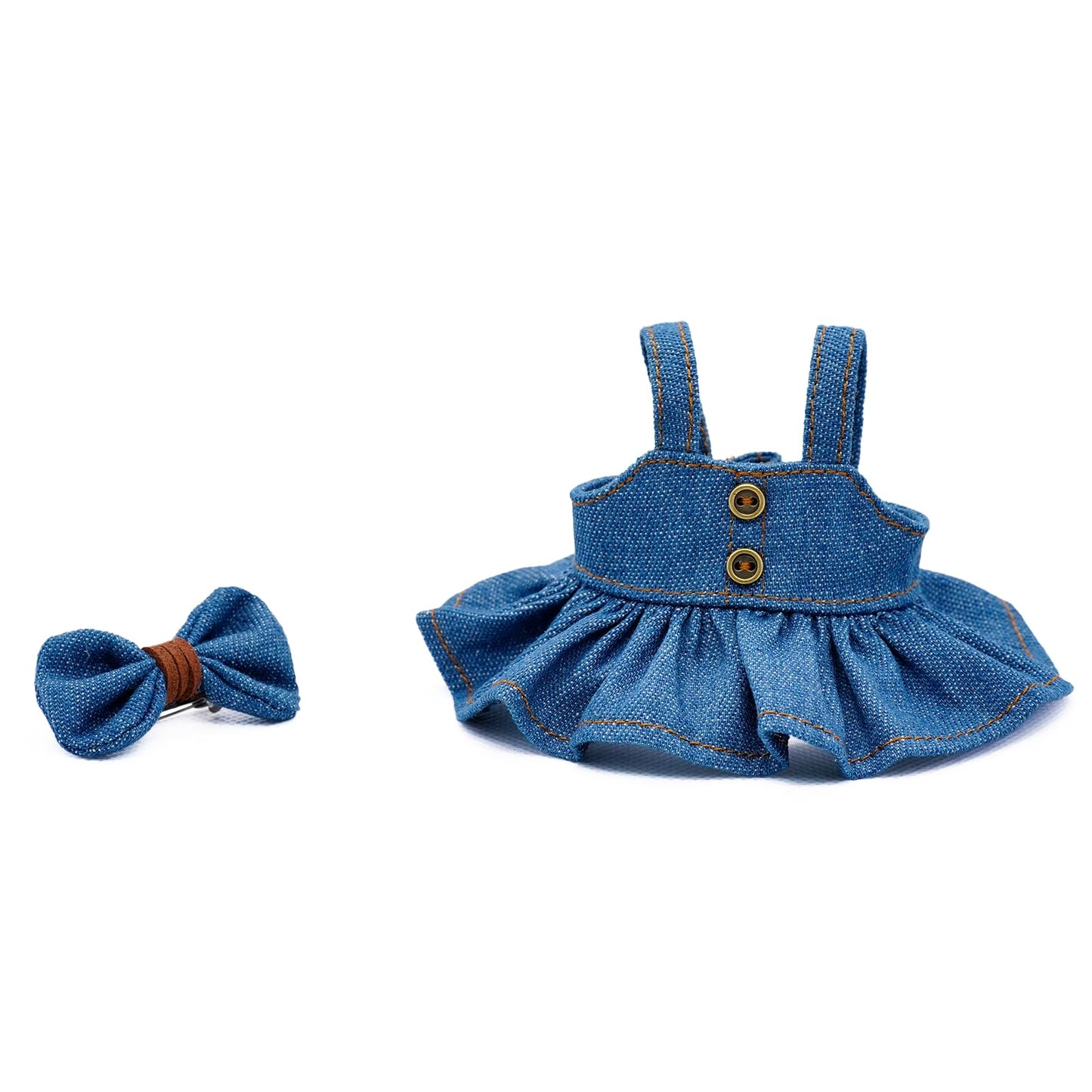 LYBHYQTII Clothes for 17cm Dolls Cute Style Outfit 2 Piece Set Including a Blue Bow and Jeans Skirt - enhanced Handmade Dolls Clothes Accessories - No Doll (Blue)