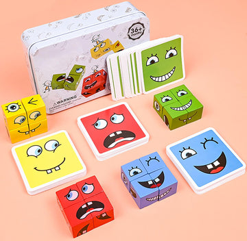 Alalatois Large Wooden Face Expression Puzzle Building Cubes Manipulatives Face Changing Magic Cube Puzzles Matching Game With B