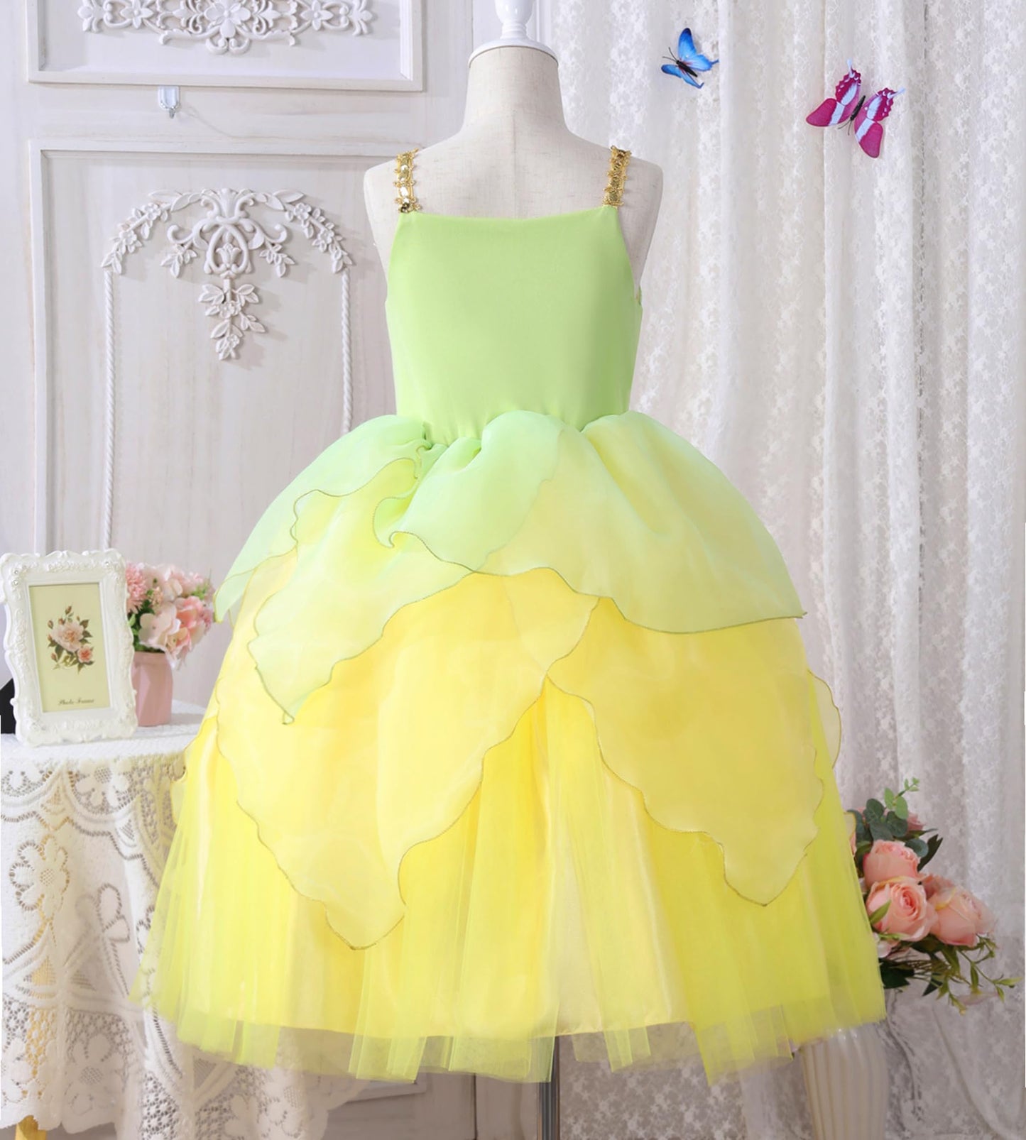 Axaxa Princess Tiana Costume For Girls - Princess And The Frog Dress With Accessories
