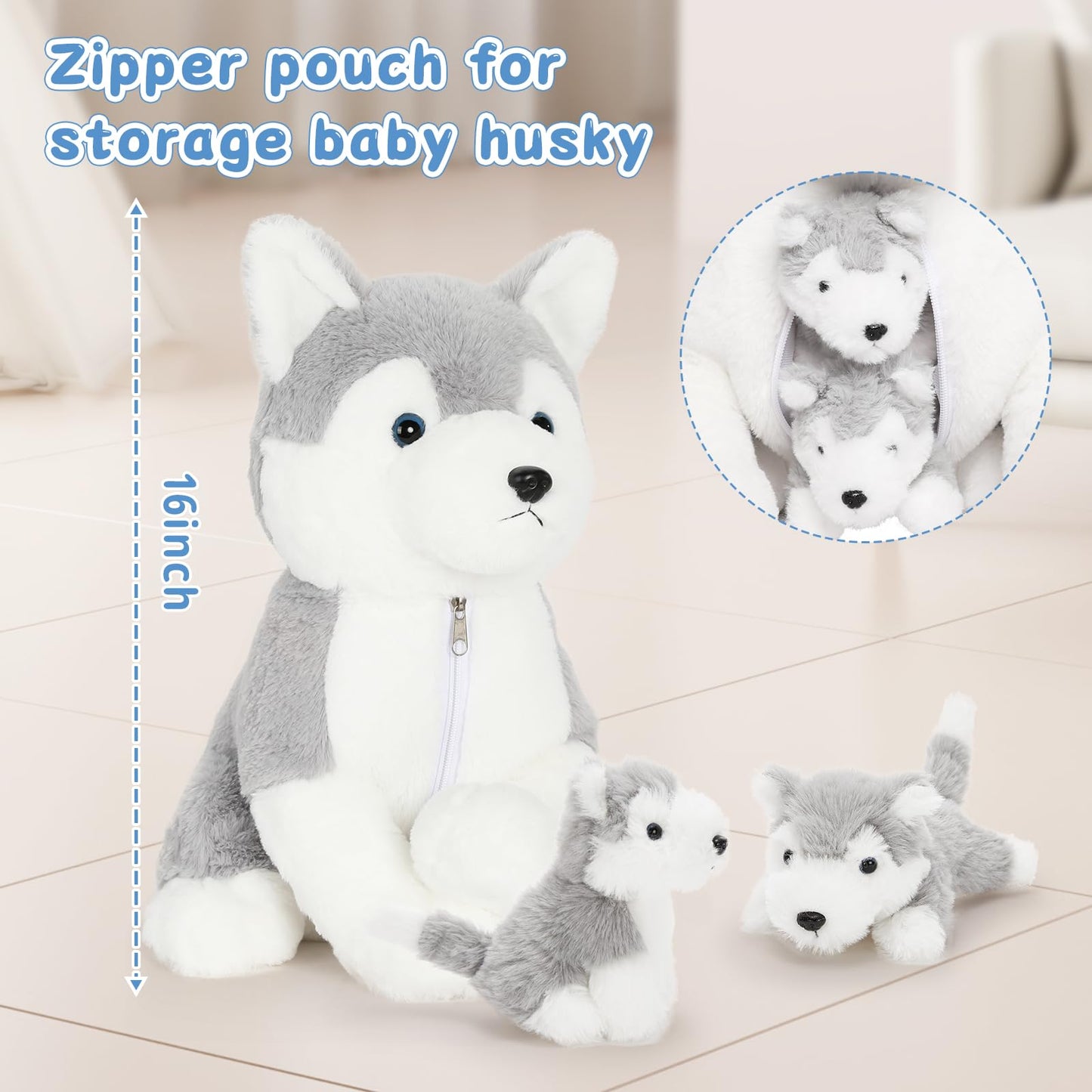Muiteiur Dog Stuffed Animal Soft Plush Husky Zippered Belly Inside With 2 Cute Baby Puppy Great Gift Set For Kids, 16Inch