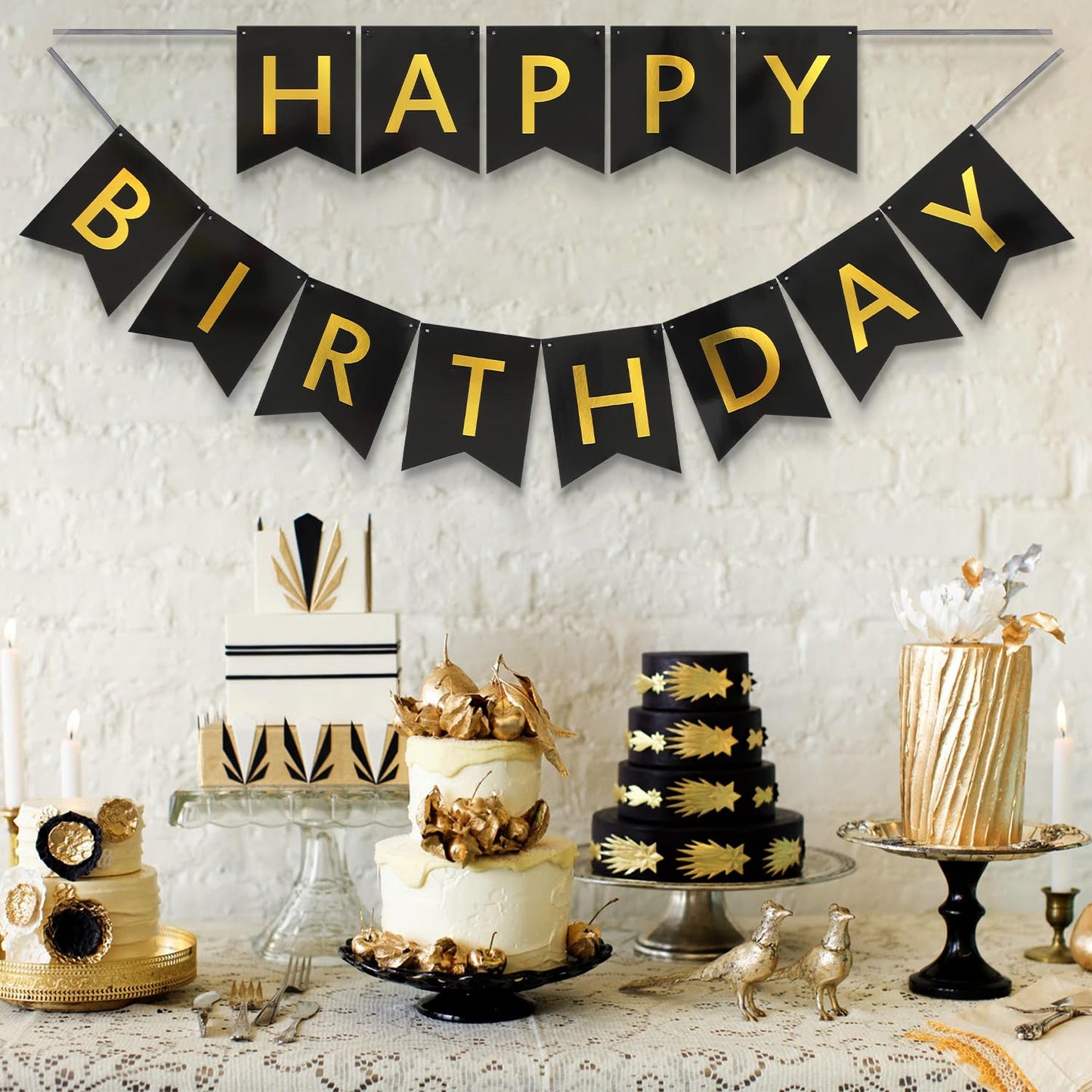 Litaus, Black Gold Happy Birthday Banner - Pre-Strung, 9 Ft, No Diy | Birthday Decorations | Happy Birthday Sign For Birthday De