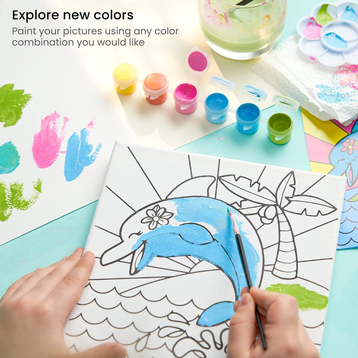 Arteza Kids Water Creatures Painting Kit, 4 Canvases 8 X 8 Inches, 24 Acrylic Paints, 4 Paint Brushes, 4 Palettes, Kids Activities Ages 6 And Up