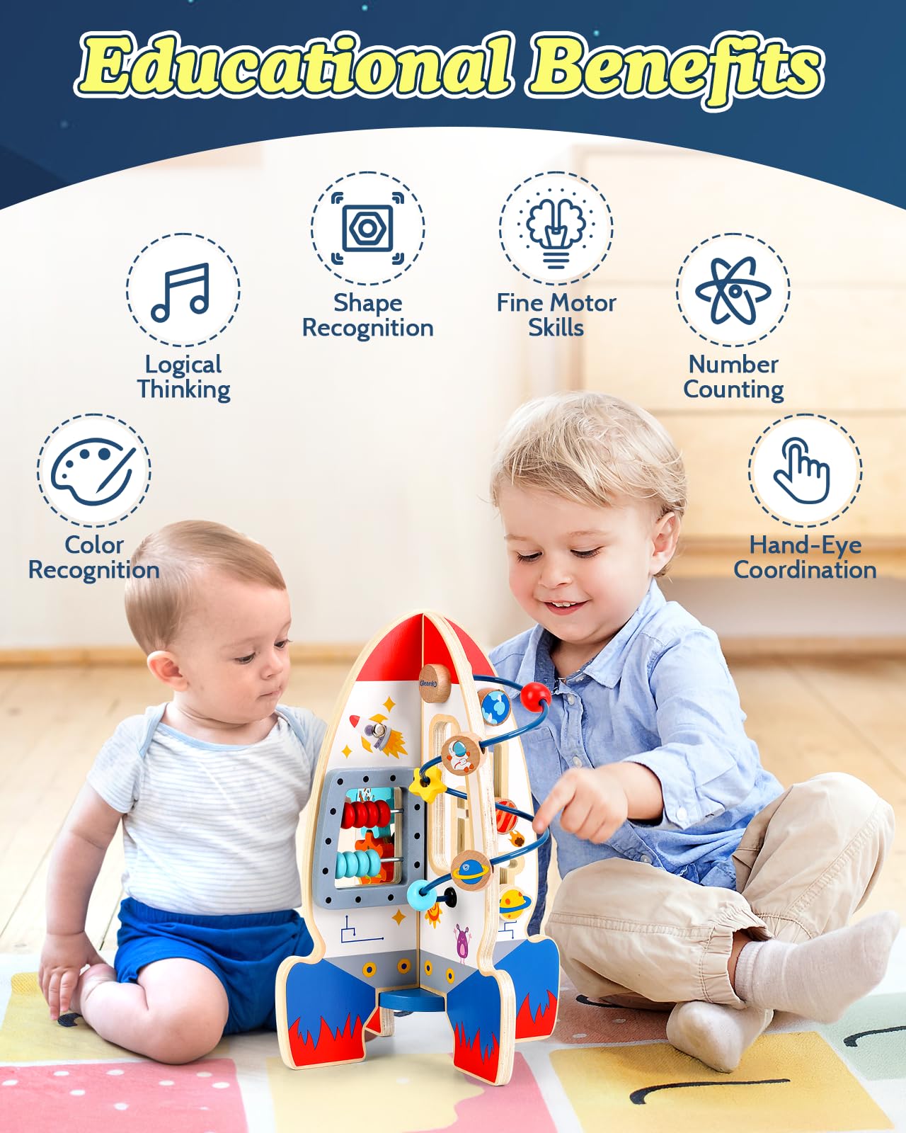 Gleamkid Baby Space Rocket Wooden Activity Cube Montessori Toys, 6-In-1 Sensory And Educational Learning Toys With Bead Maze Aba