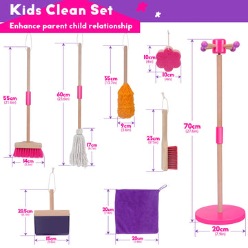 Mastertop Kids Cleaning Set 8 Piece, Wooden Detachable Cleaning Toys For Toddlers, Broom Dustpan Mop Brush Duster Rag Sponge And