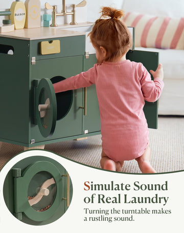 Robotime Play Kitchen Set- Wooden Toy Washing Machine, Kids Washer And Dryer For Kids Kitchen Playset With Realist Sound/Iron, P