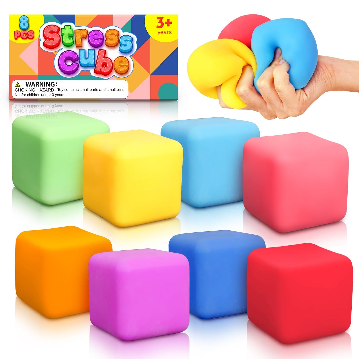 Slow Rising Stress Cube 8 Pack, Stretchy Fidget Toys for Anxiety Relief, Pull Stretch Squishy Toy for Students, Classroom Prize