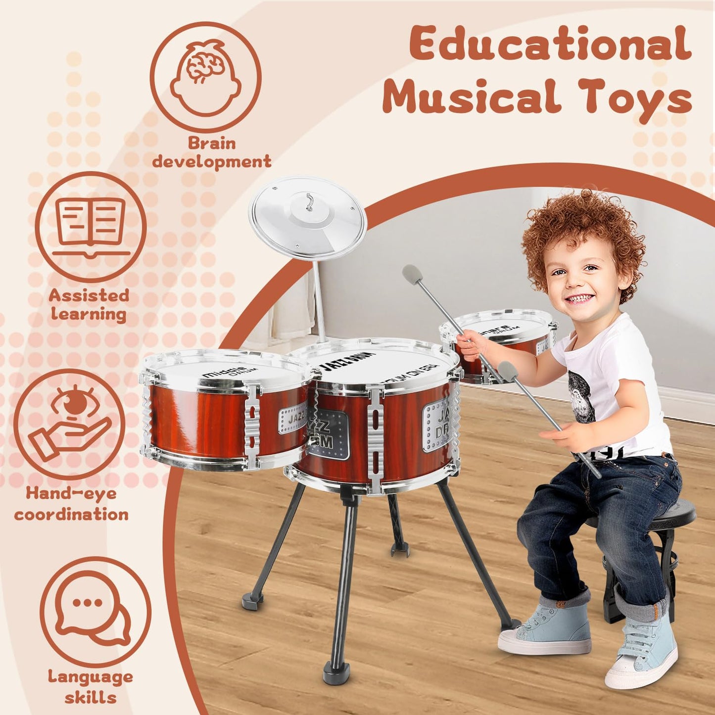 Kids Drum Set Music Toy Drum Set For Toddlers Ages 3-5 Jazz Drum Kit With Stool, 3 Drums Percussion Musical Instruments Toys For 3 4 5 Year Old Boys Girls Gifts