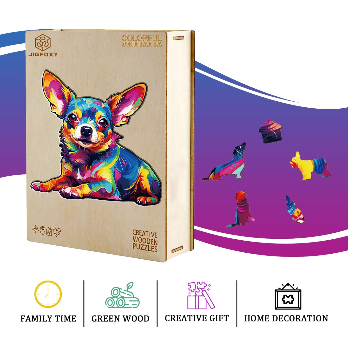 Jigfoxy Wooden Puzzles for Adults - Colorful Chihuahua Dog, 170pcs, Medium Size, Wood Material, Unique Animal-Shaped Design