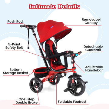 INFANS Kids Tricycle, 6-in-1 Stroll Trike, Adjustable Handle, Removable Canopy, Red, Model TY326400, Suitable for 10 Months to 5 Years