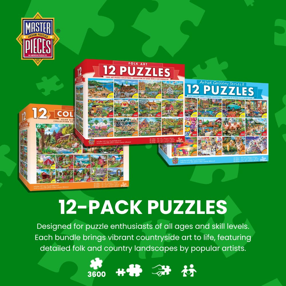 Masterpieces 12 Pack Jigsaw Puzzles For Adults, Family, Or Kids - Folk Art 12-Pack Bundle