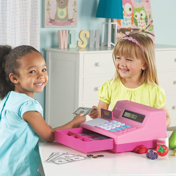 Learning Resources Pretend & Play Calculator Cash Register Pink - 73 Pieces, Ages 3+, Cash Register for Kids, Play Money for Kid