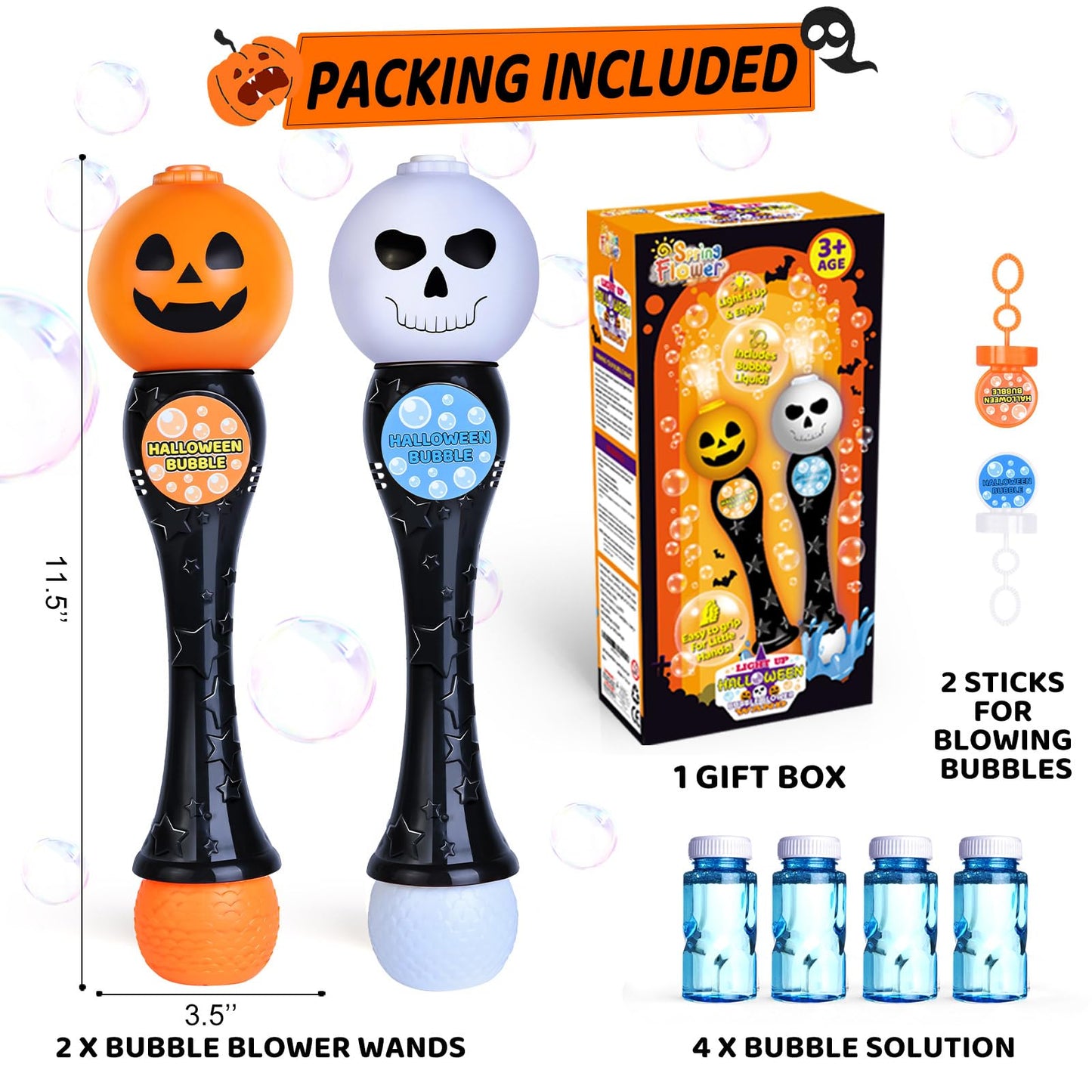 SpringFlower Halloween Bubble Blower Wand - 13.5 Inch LED Light-Up Effect, Pumpkin & Skull Design, 2 Pack Party Favor