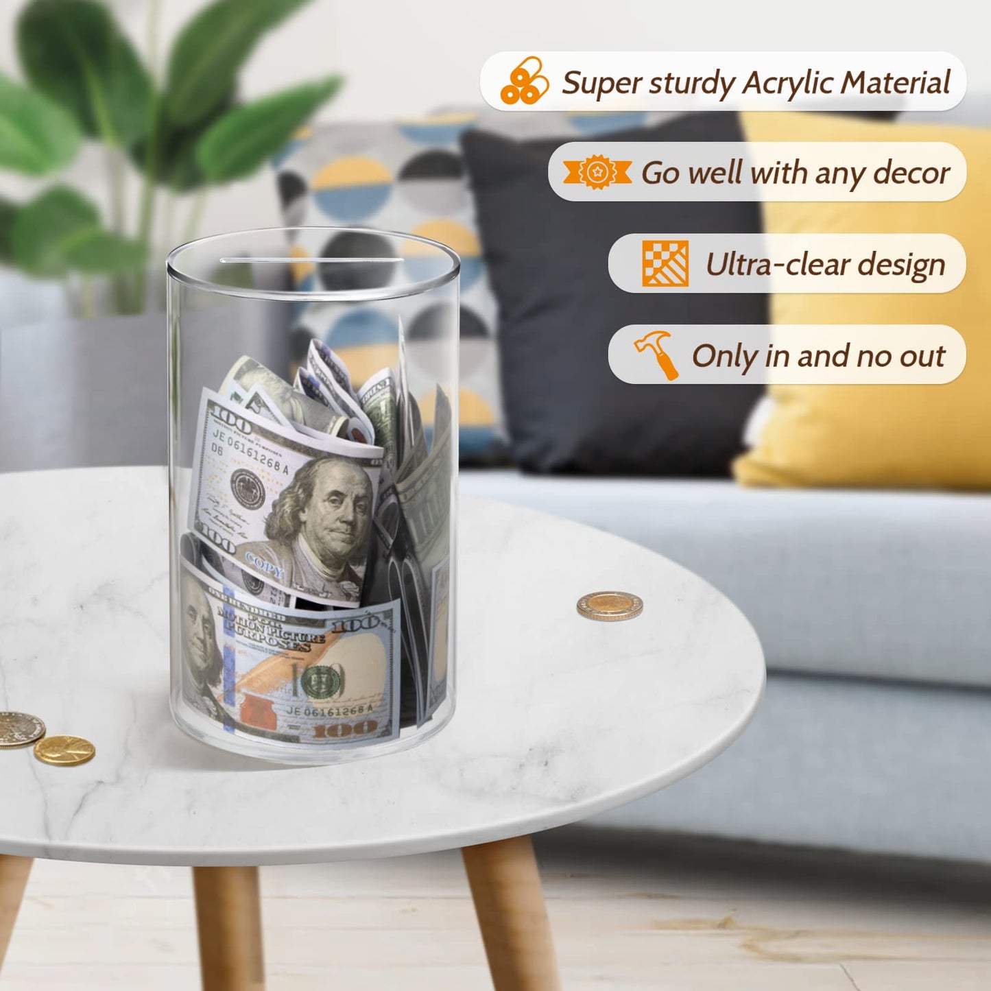 Hicocool Clear Piggy Bank, Acrylic Piggy Bank For Adults Must Break To Open, Unopenable Money Saving Box For Boys Girls Birthday Gift (8' H X 5' D)