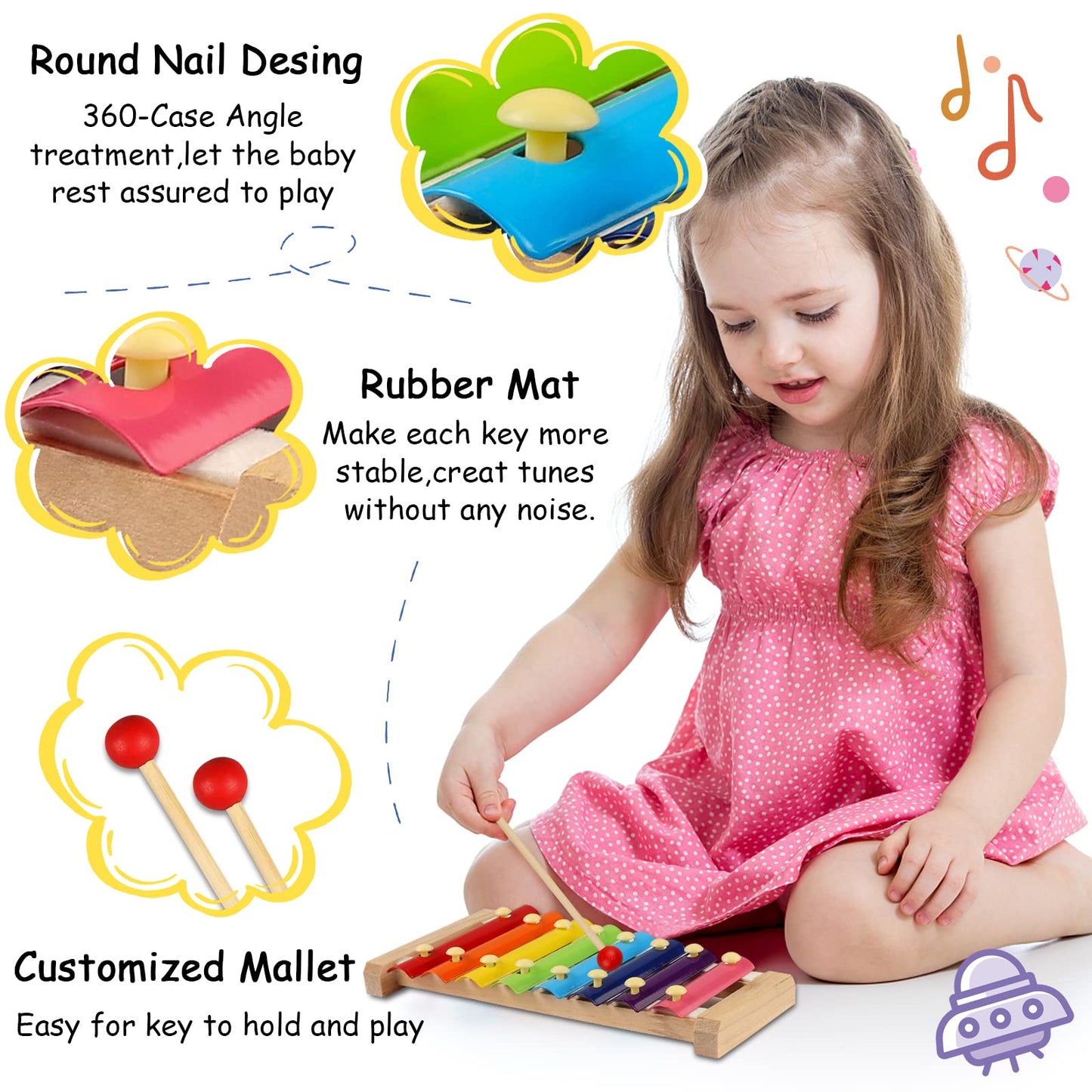 Looikoos Xylophone For Kids Wood Xylophone With 2 Mallets Educational& Preschool Learning Baby Percussion Wooden Musical Instruments Toys For Boys And Girls