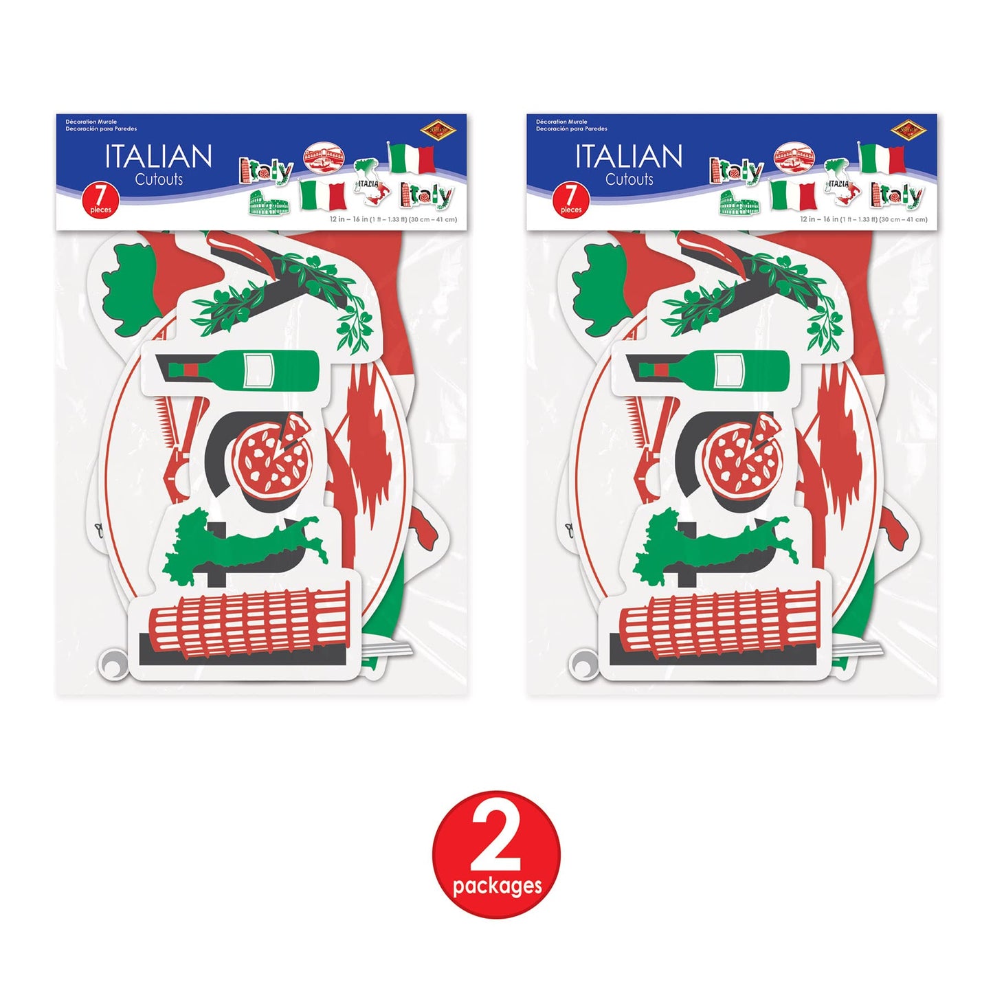 Beistle 53674 Italian Cut Outs 14 Piece Italy Decorations International Around The World Party Supplies, 12-16, Red/White/Green/