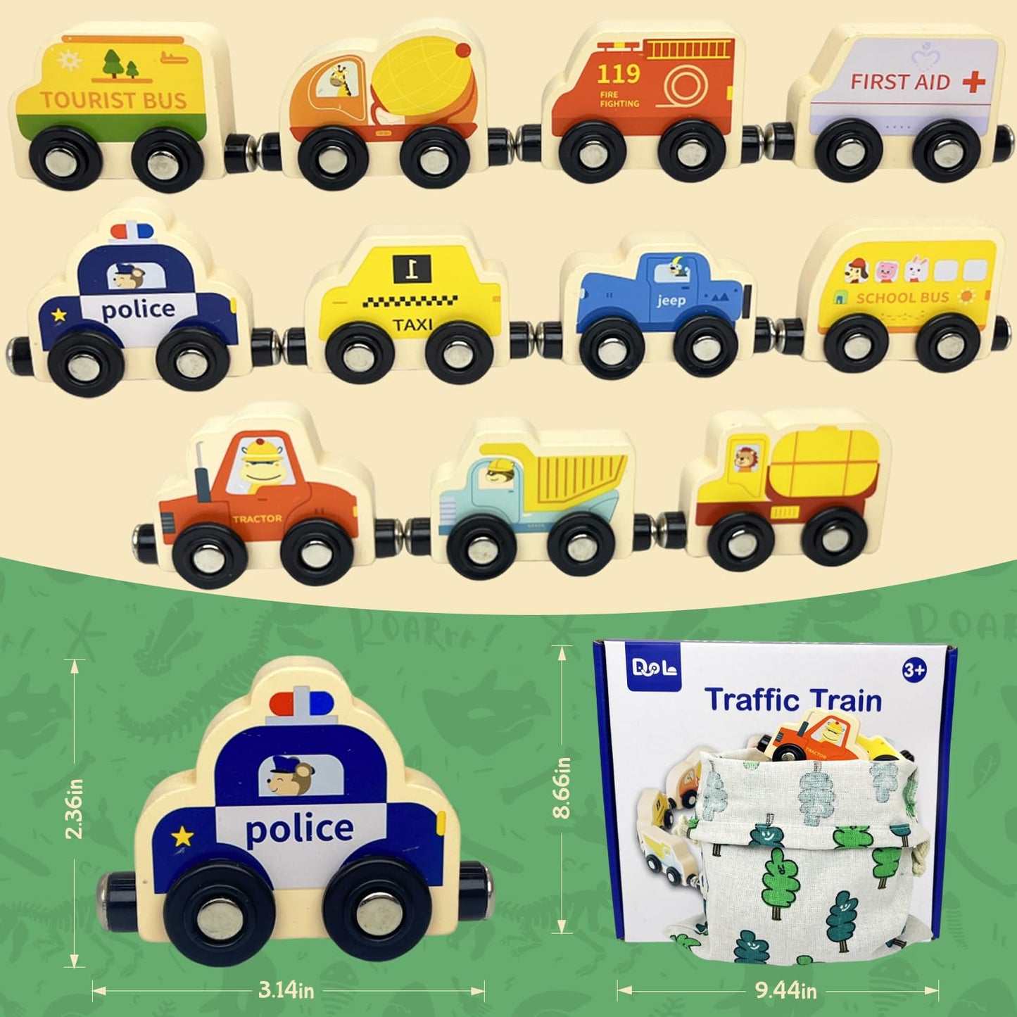 Montessori Toys For Toddler Age 1-3, Toddler Toy Wooden Magnetic Traffic Train Set With Playmat/Storage Bag For Baby Boy, Birthd