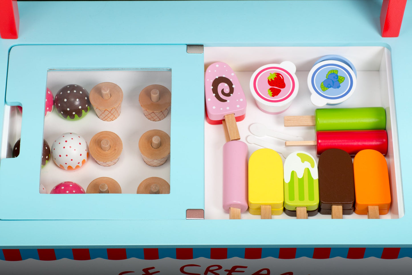 Ice Cream Cart Kids Pretend Play Stand- 33+ Pc Accessories, Realistic Premium Wooden Toy Set, Money Box, Chalkboard & Icecream T