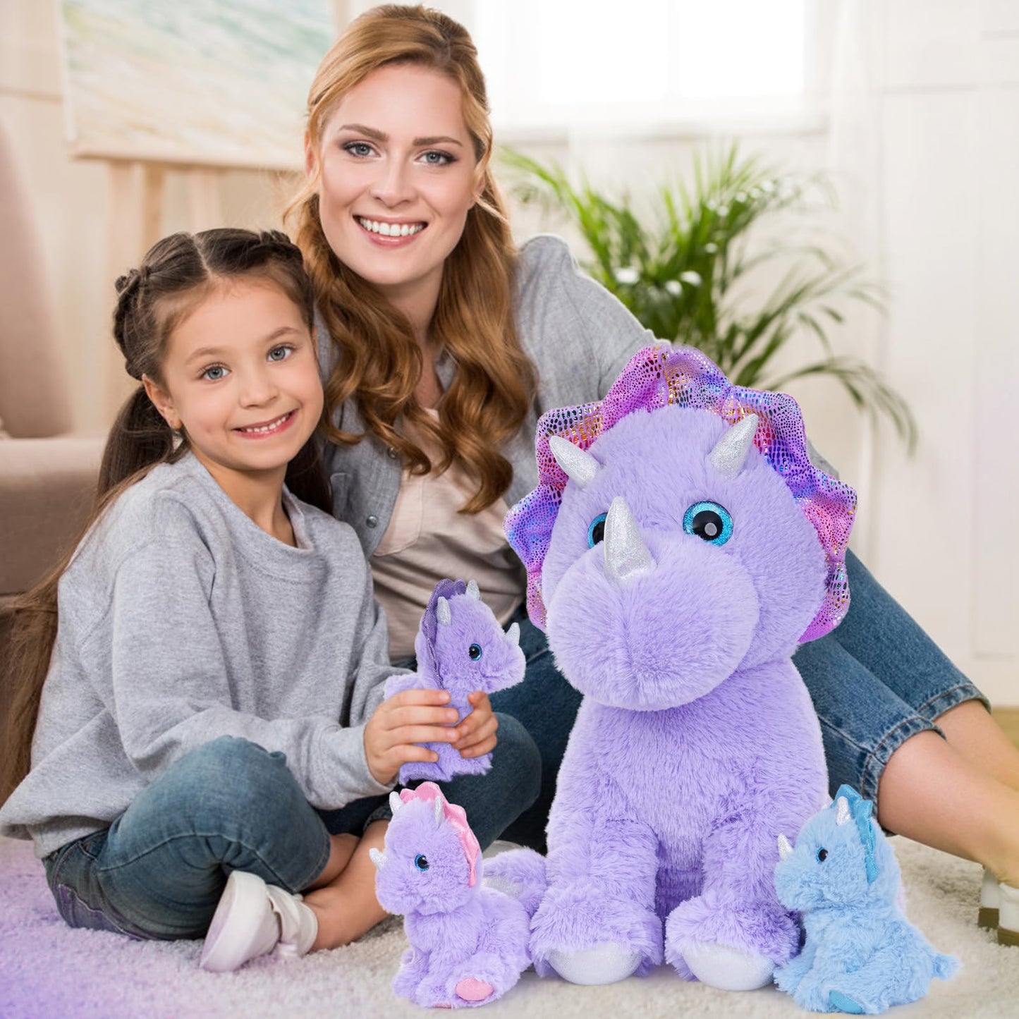 Maogolan 4 Pcs Dinosaur Stuffed Animals For Girls,Purple Stuffed Dinosaurs Plush Toys Set For Toddlers, Mummy Dinosaur With 3 Baby Triceratops Plushies, For Kids