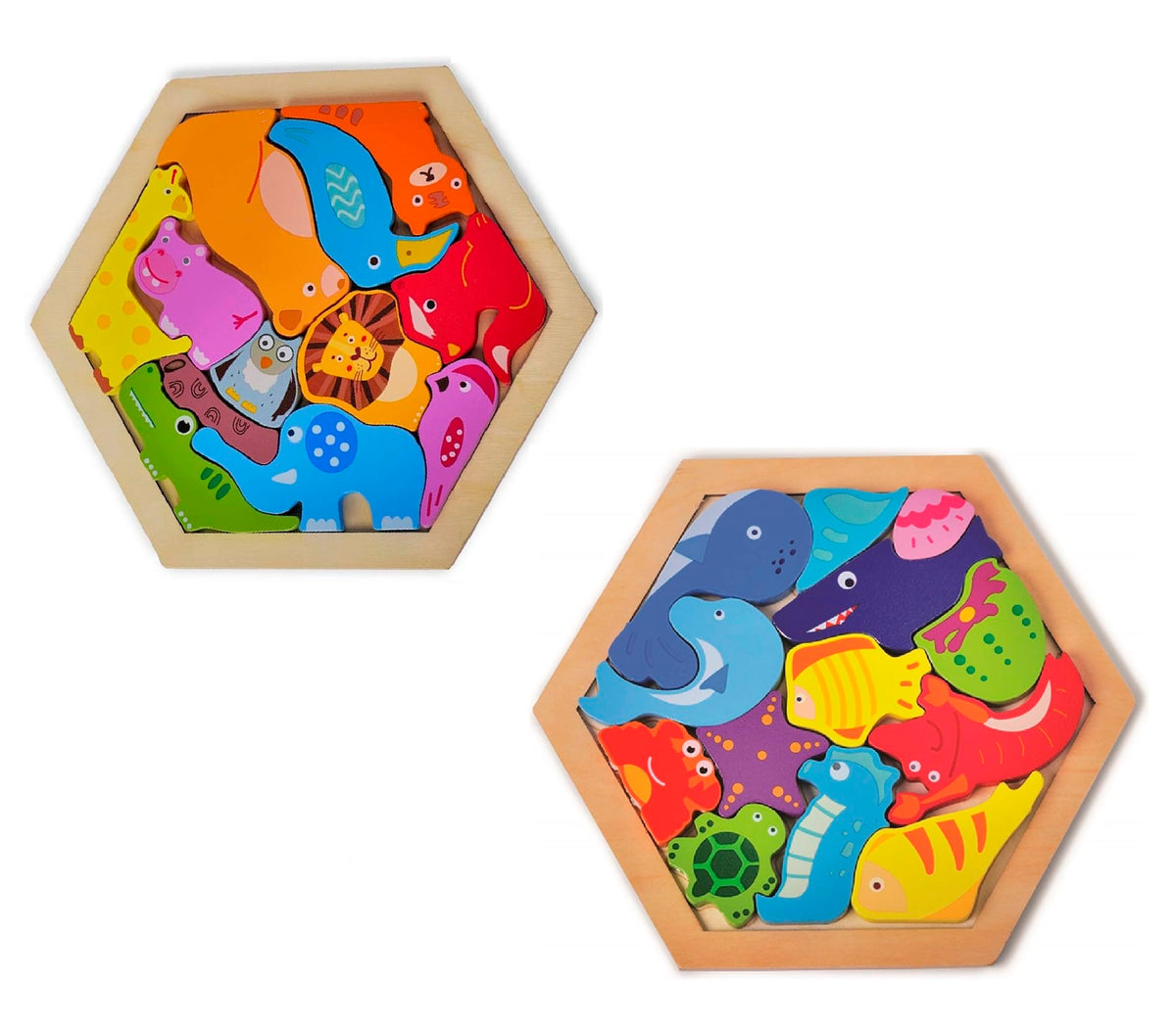 KIDS KINDLY Wooden Jigsaw Puzzles for Kids Combo: Pack of 02 Boards Wild(Jungle) & Sea Animals Stacking Sorting Knowledgeable M