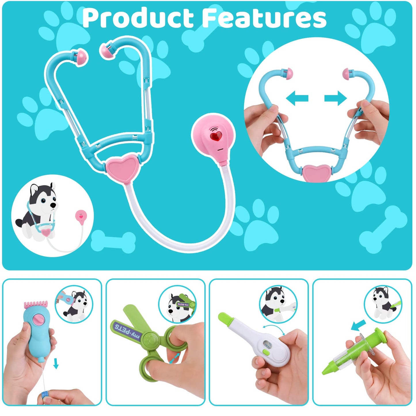 MAGIC4U Pet Cat Care Carrier Suitcase Toy, 29PCS Vet Clinic and Doctor Kit for Kids, Pet Dog Grooming Feeding Toys Veterinarian