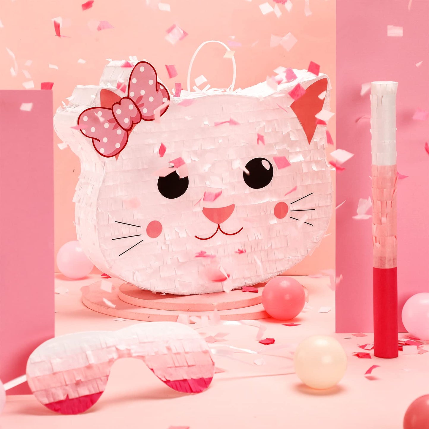Cat Piñata Cat Birthday Party Supplies Kitty Cat Piñatas For Birthday Party Cat Party Decorations With Blindfold Bat And Confetti For Party Baby Shower Decors, 14.5 X 11.8 X 2.7 Inch, Pink And White