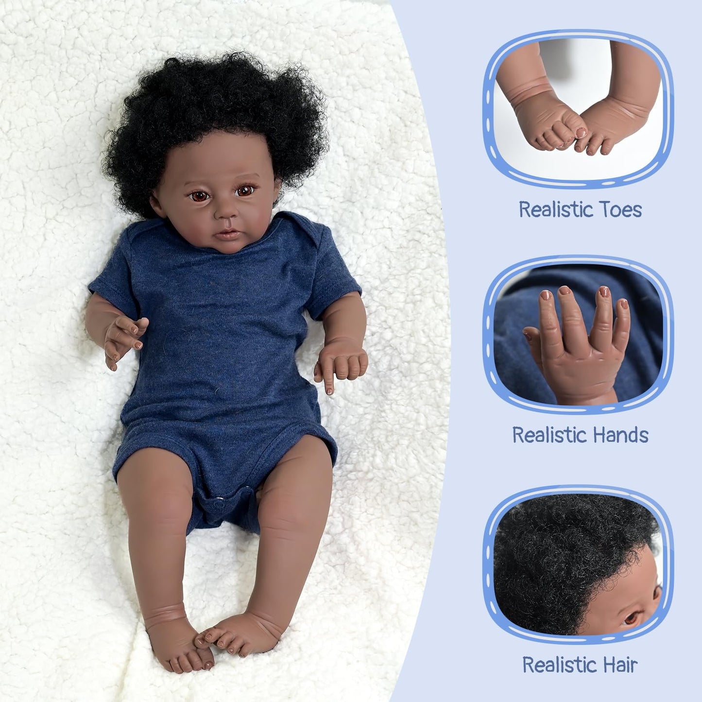 GYCV 20 Inch Black Reborn Baby Boy Doll - Realistic African American Newborn with Curly Hair - Perfect Gift for Kids