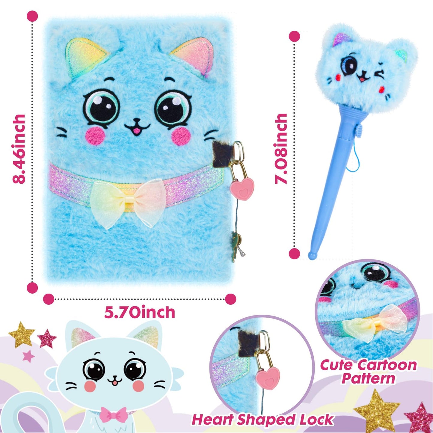 Cat Gifts For Girls, Kids Cat Plush Toys With Secret Diary, Ballpoint Pen, Eye Mask, Pen Holder, Stickers, Birthday Gifts For Little Girls Age 5 6 7 8 9 10-12 Years Old