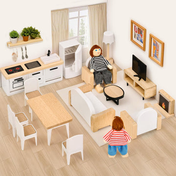 Toyssa Dollhouse Furniture Set, 36Pcs Beech Wood And Plastic Miniature Doll House Accessories With Modern 5 Rooms & 4 Flexible F