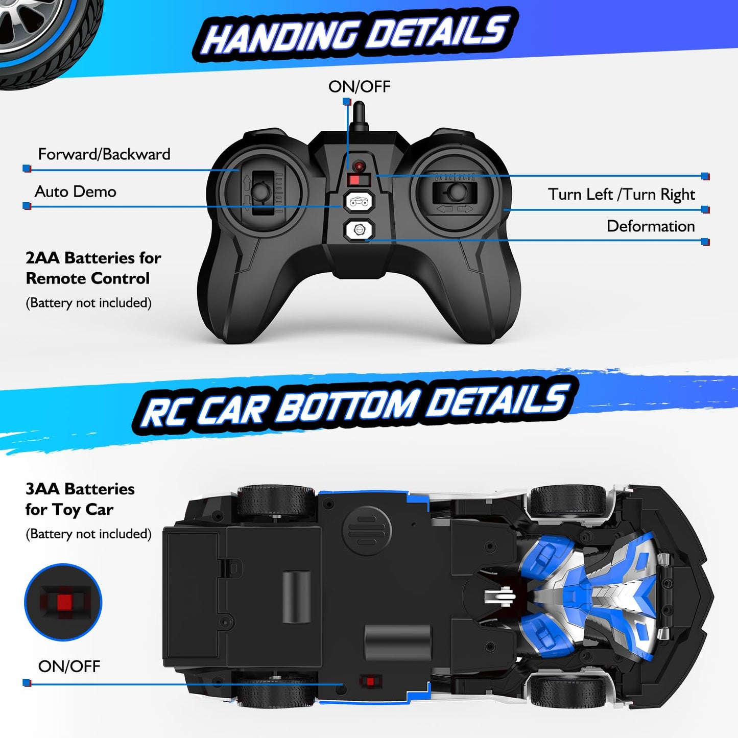 Febyhim Remote Control Car For Boys 4-7, 2.4Ghz Rc Car 1:18 Scale, One-Button Transforming Toy With 360 Spins, Led Lights (Blue)