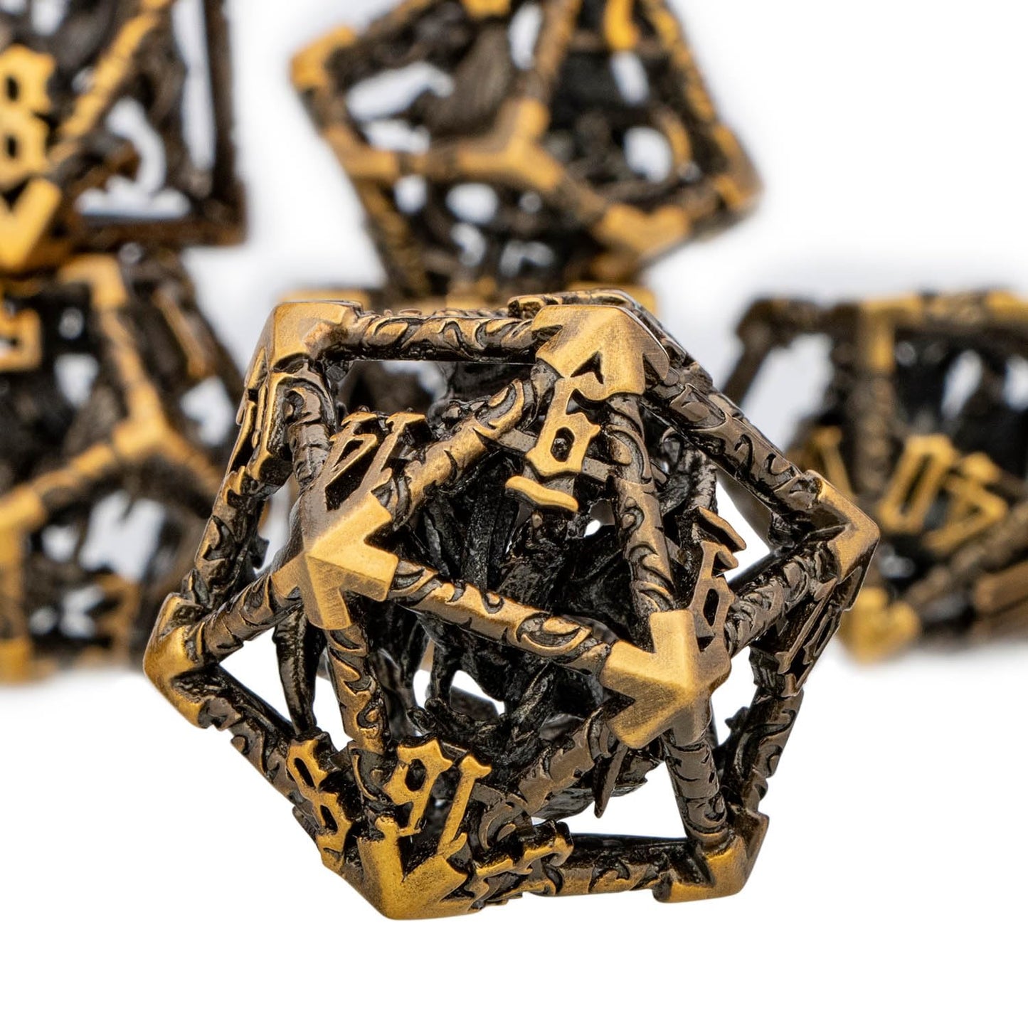 ARUOHHA Hollow DND Dice Set Antique Gold 5-Headed Dragon D and D Dice with Gift Box, Dungeons and Dragons Role Playing Games 7PC